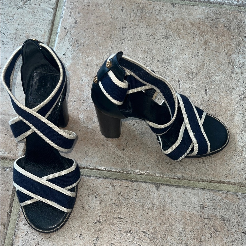 Elegant navy and Cream Strappy Heels - Tory Burch